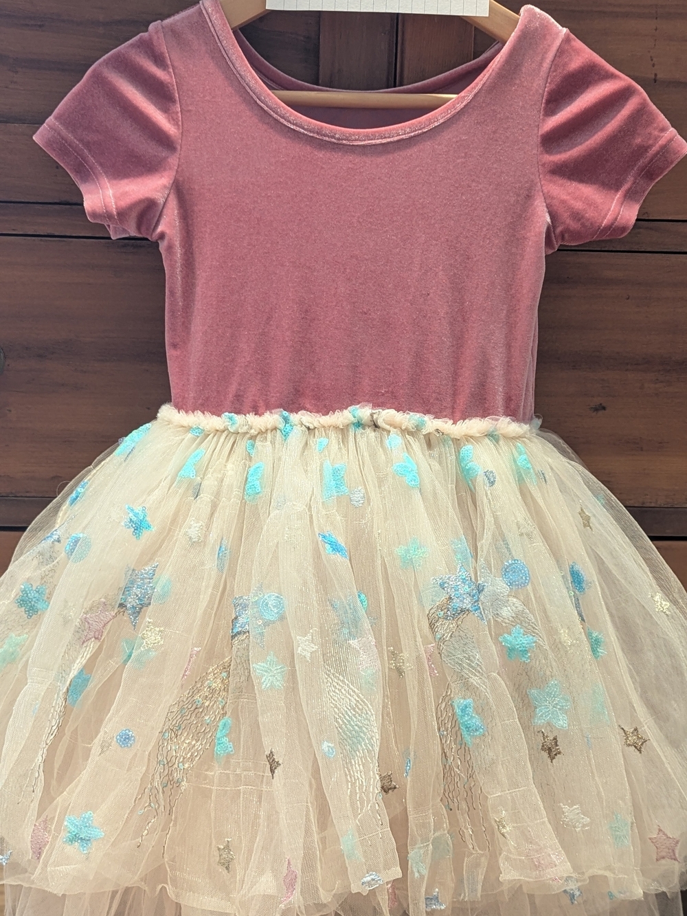 Girls Pink Velvet-Top Tulle Dress with Cream Star Skirt
